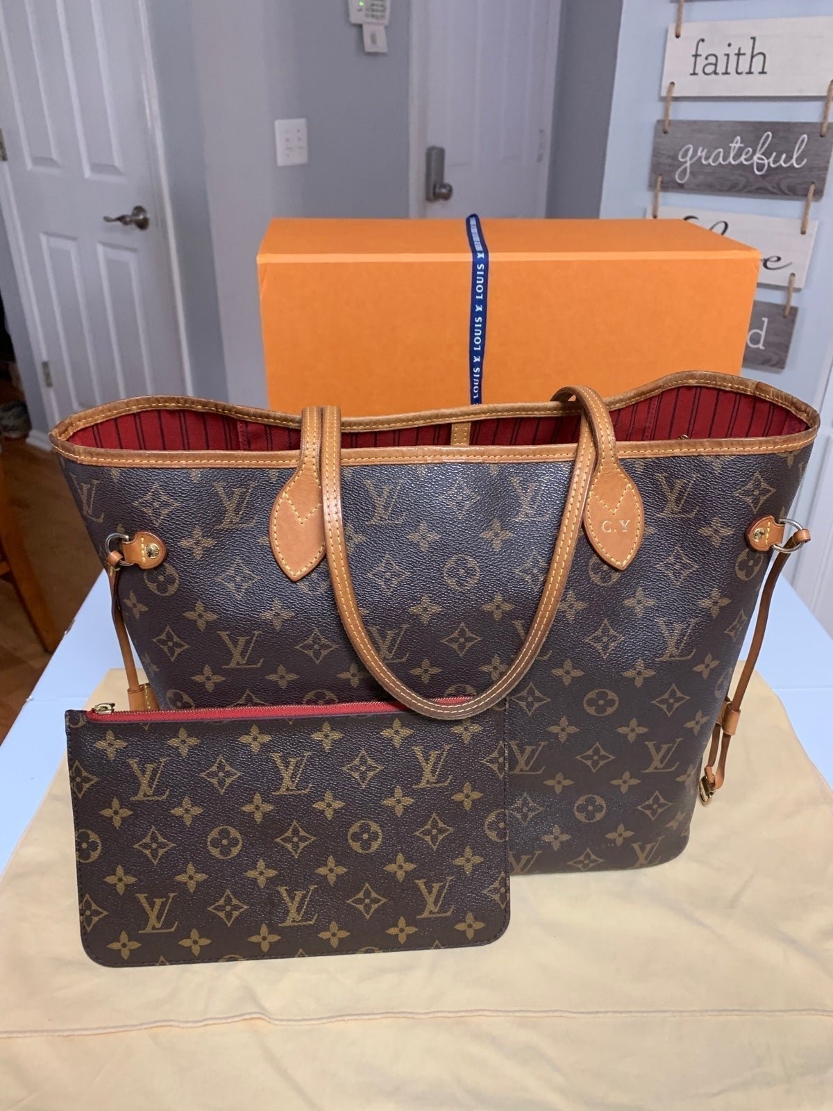LV Neverfull MM with Clutch Authentic