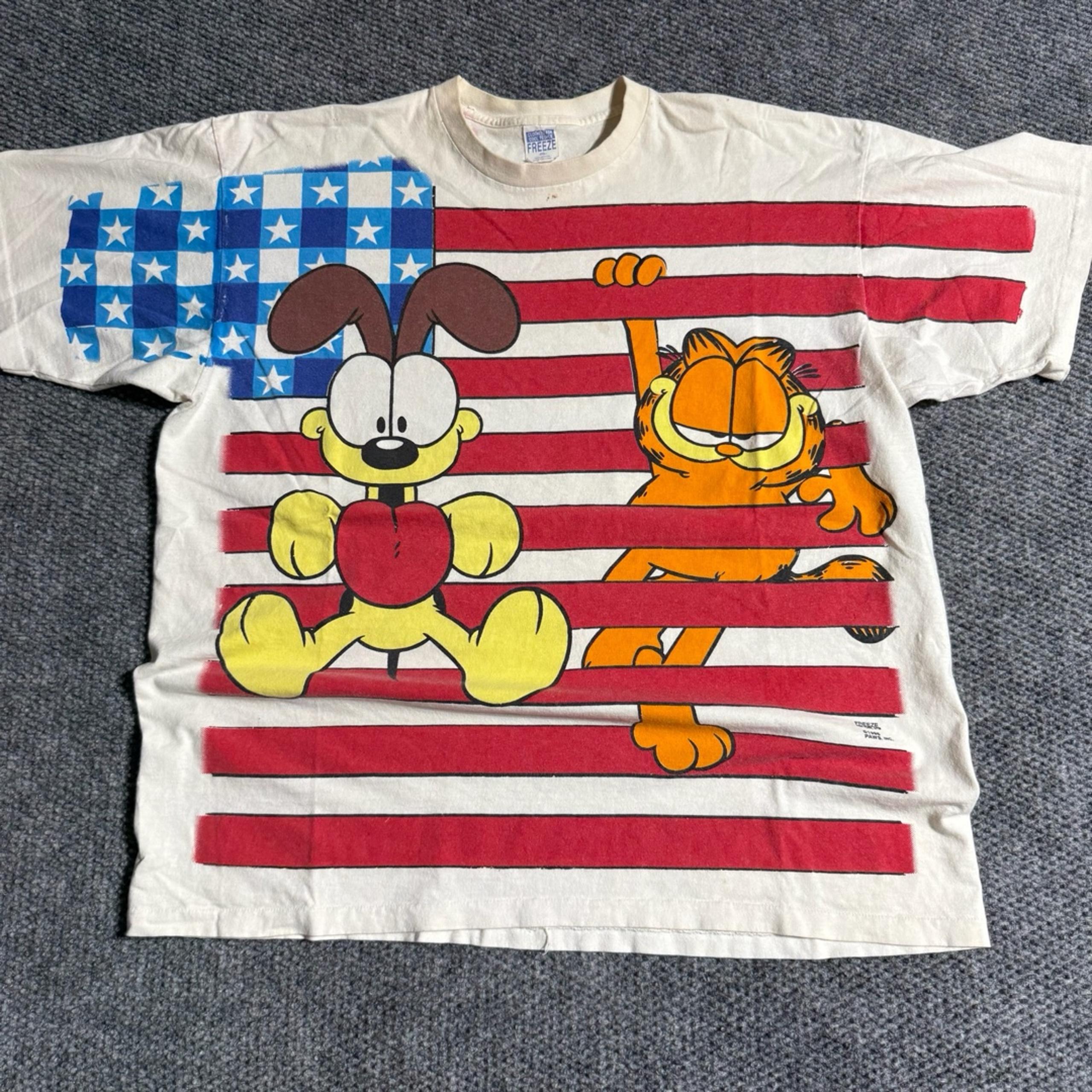 Vintage 90s Garfield & Odie USA American Flag T-Shirt XL Freeze Paws
