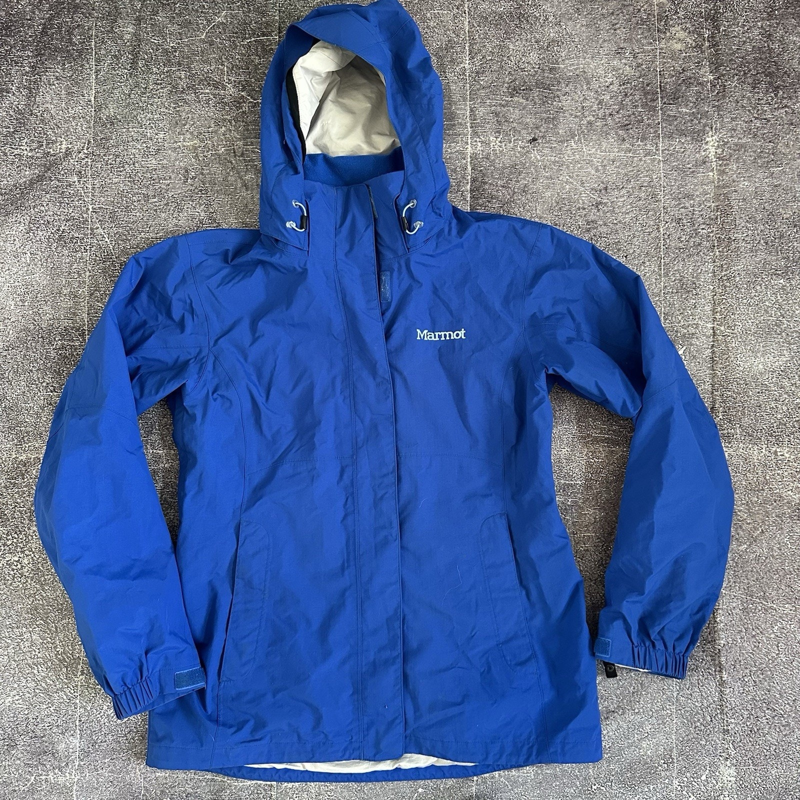 Women's Marmot Membrain Bright Blue Lined Hooded Zip Up Rain Coat Jacket Sz M