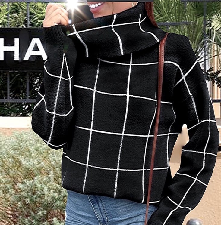 LAST LOW OFFER  Women's Black Grid Pattern Turtleneck Sweater.