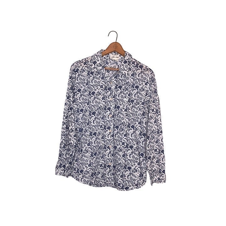 Anthropologie M Lili's Closet Blue White 100% Cotton Lightweight Floral Top