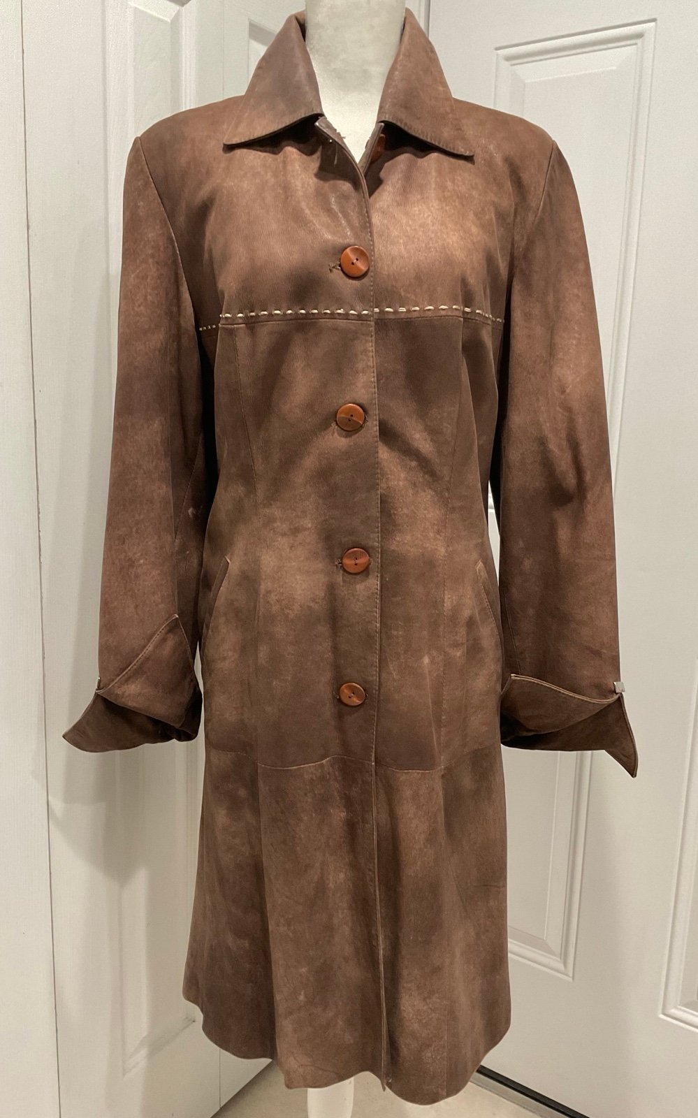 Faracci Woman’s Tie Dye Brown Matte Genuine Leather Fitted Coat, L