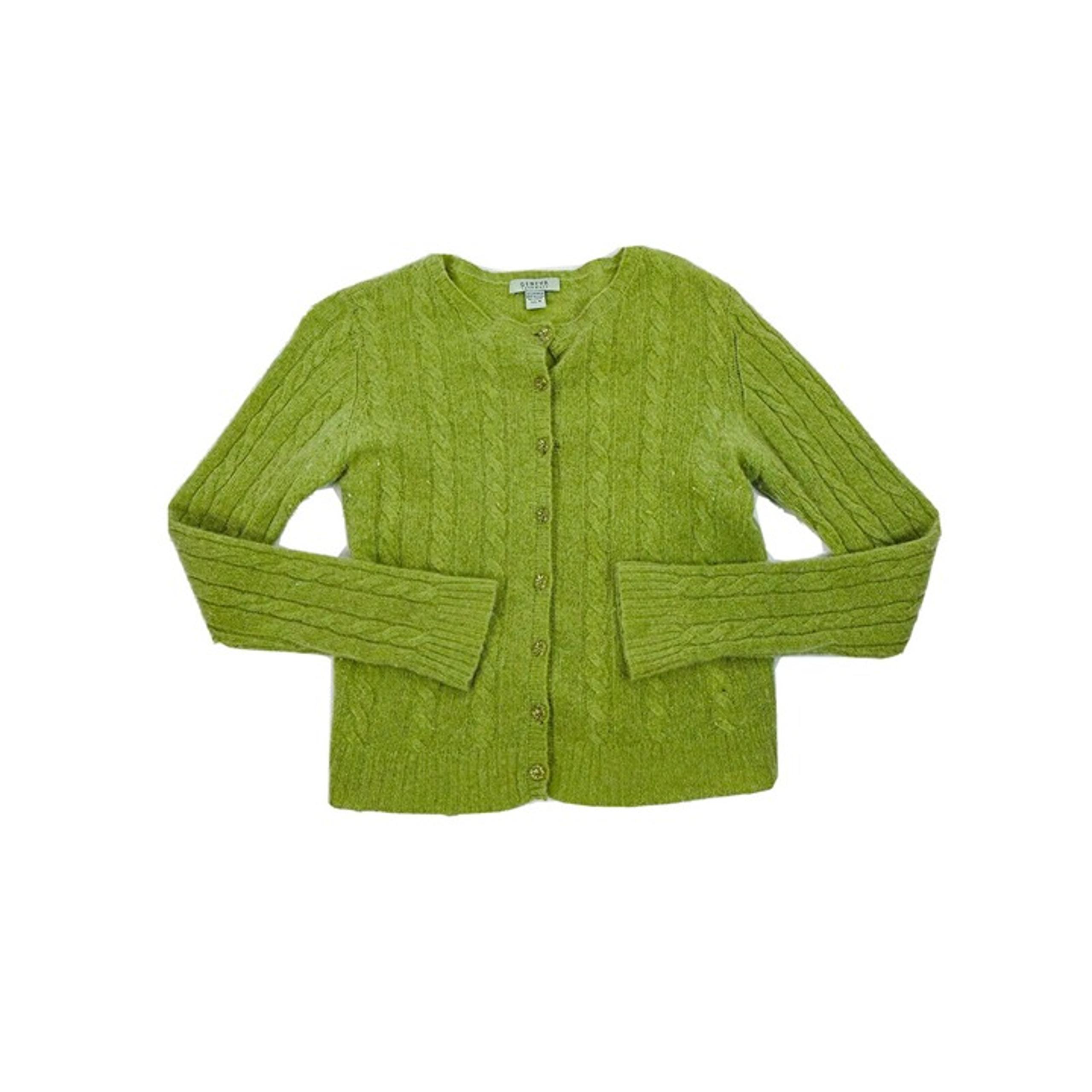 Geneva Cashmere Cable Knit Lightweight Cardigan Sweater Green Womens Medium