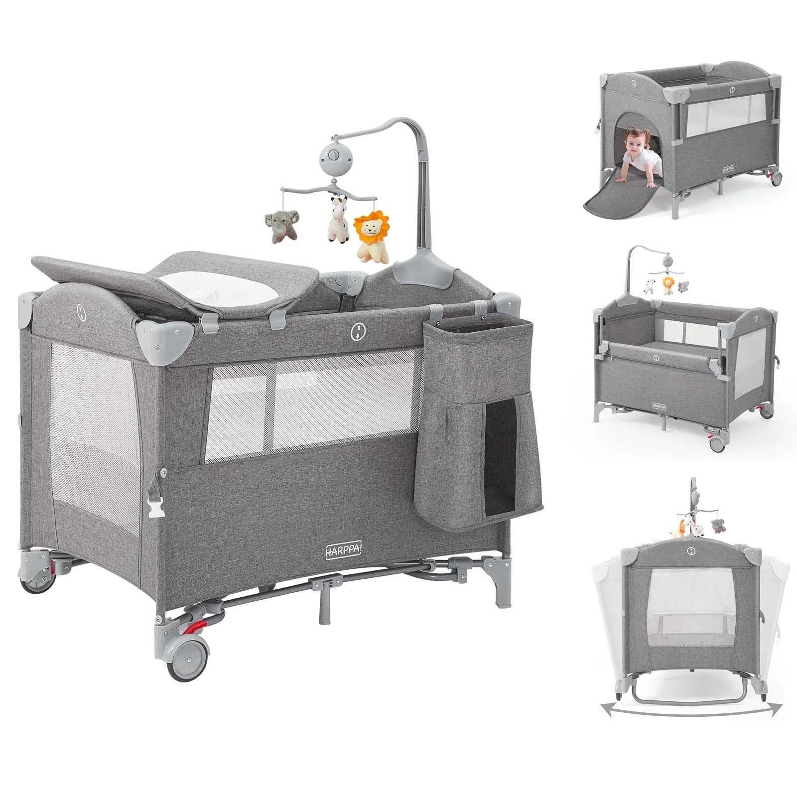 HARPPA 5 in 1 Portable Playard and Bassinet Bedside Sleeper for Newborn to Toddl