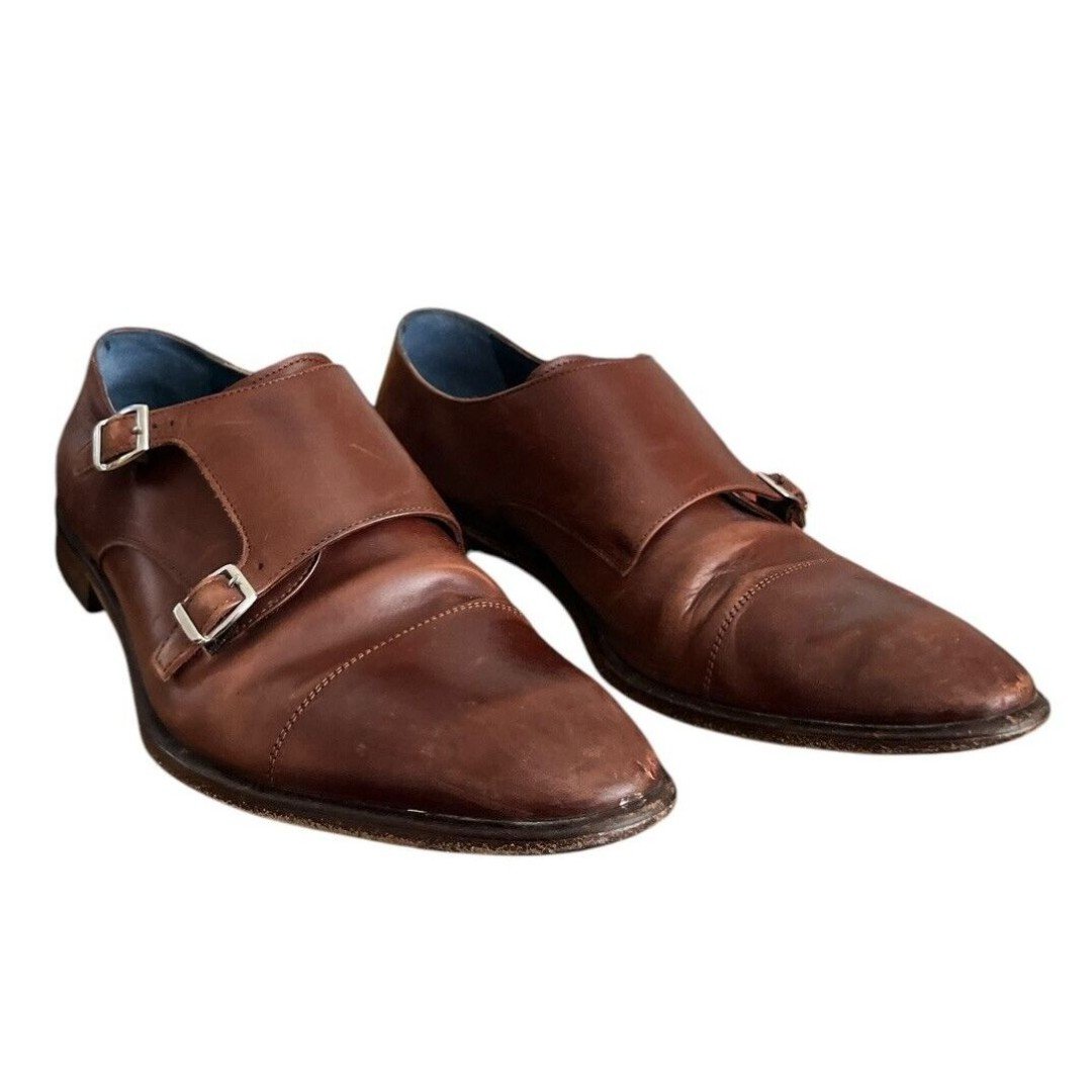 Sons of London Men Brown Leather Double Monk Shoes Handcrafted Italy Size 10