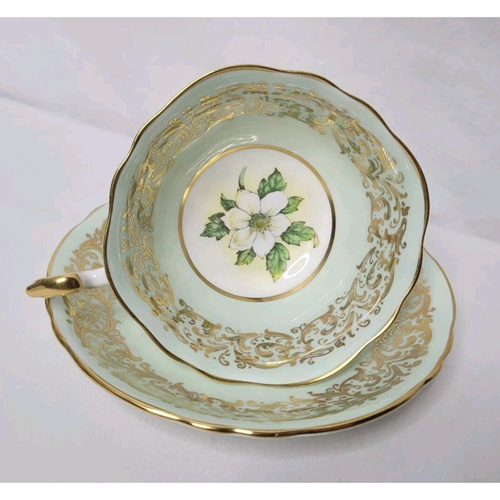 Paragon Teacup Saucer Dogwood Flower Mint Green Gold Accents Double Warrant