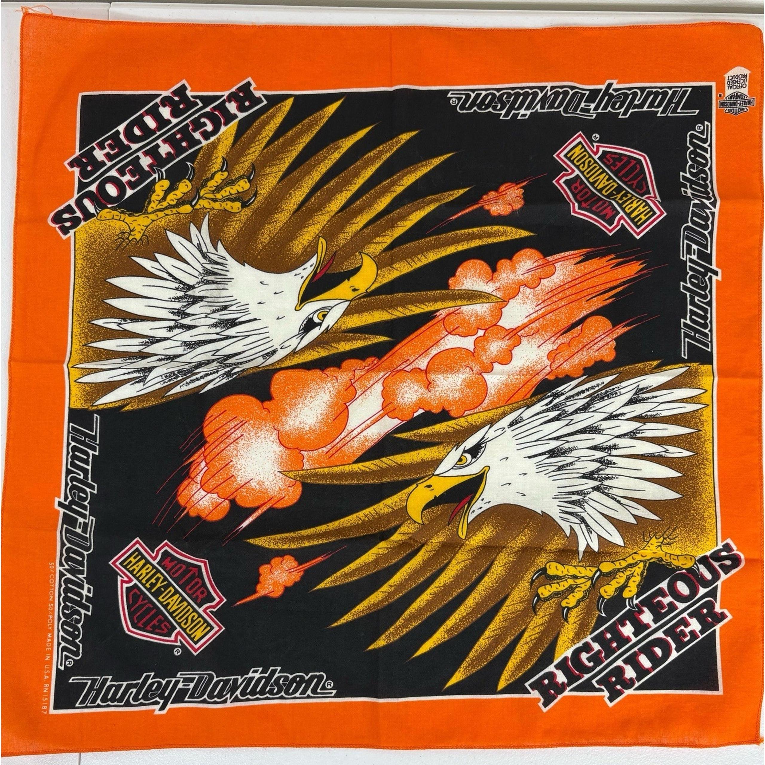 Vintage Harley Davidson Bandana Orange Black Eagle Righteous Rider Biker USA