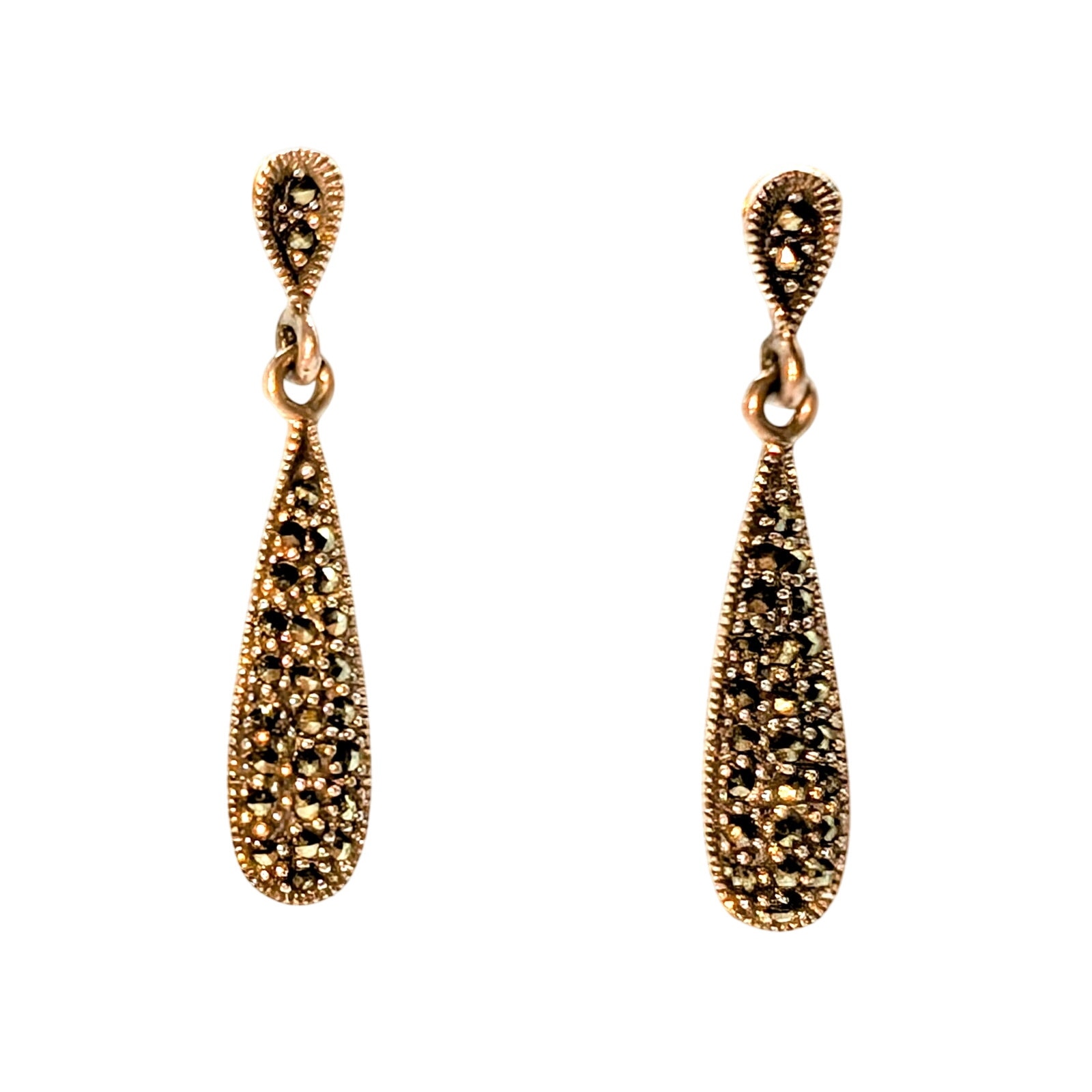 Vintage Signed CW 925 Sterling Silver Marcasite Teardrop Dangle Earrings