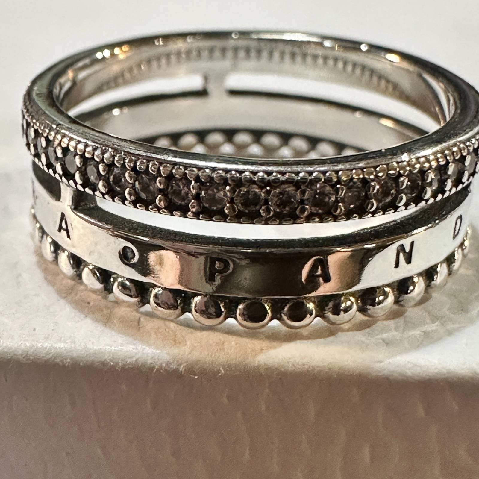 Genuine PANDORA 925 Silver Logo Pave CZ & Beads Ring 192312C01 Size 8