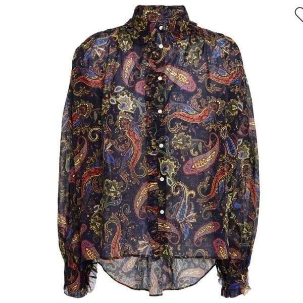 MAJE Calista Ruffle-Trimmed Printed Cotton-Voile Shirt Size 0