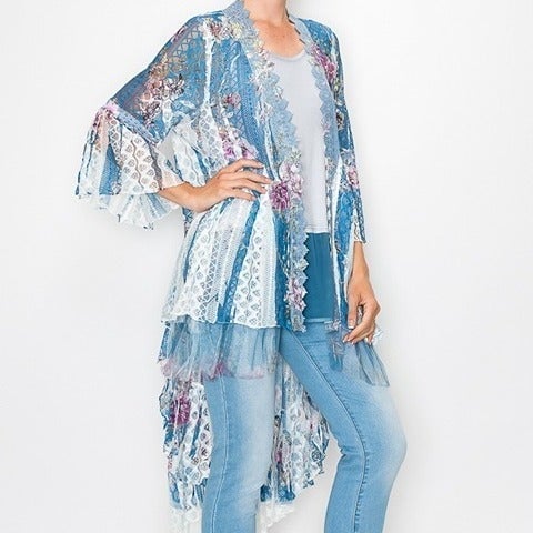 NEW DESIGNER ORIGAMI Kimono DUSTER CARDIGAN wrap all lace blue floral (SM-4X) MD