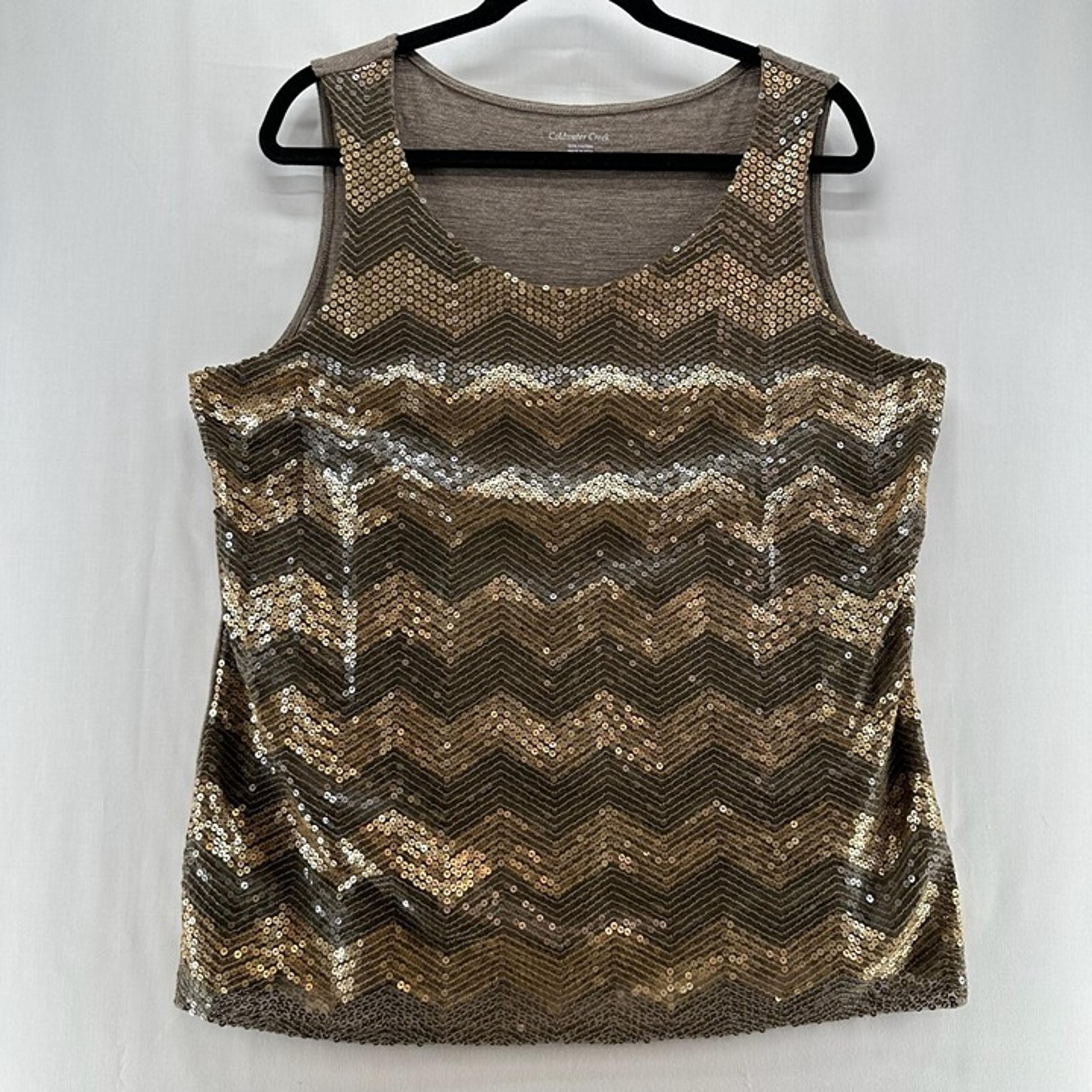 Coldwater Creek Tank Top Women XL Sequin Shell Chevron Lined Pullover Gold Taupe