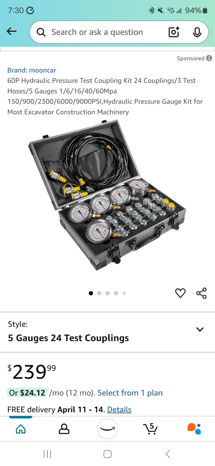 60P Hydraulic Pressure Test Kit with 5 Gauges 24 Couplings 3 Test Hoses for Exca