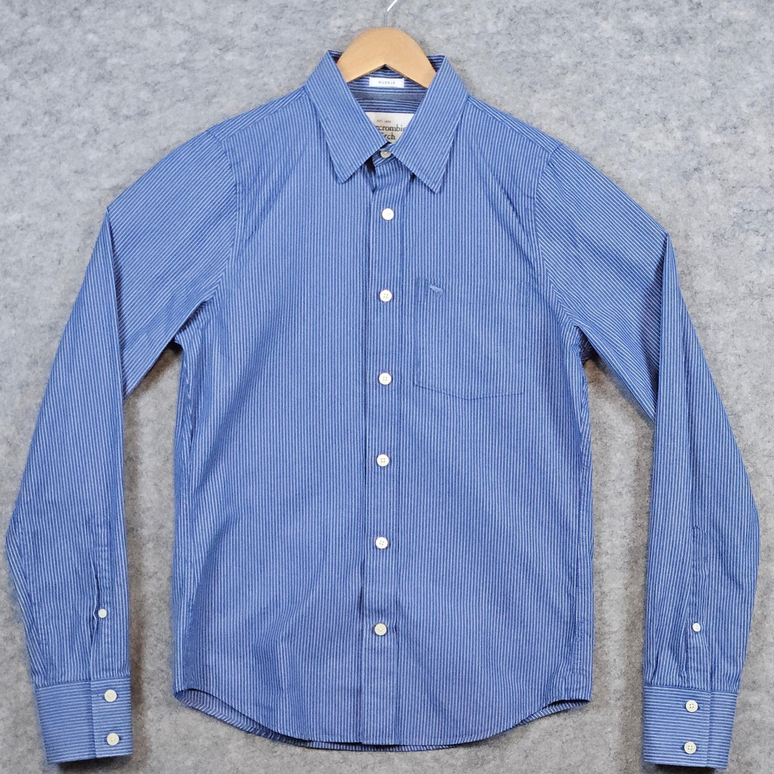 Abercrombie & Fitch Men's Blue & White Striped Size S Muscle Dress Shirt Cotton