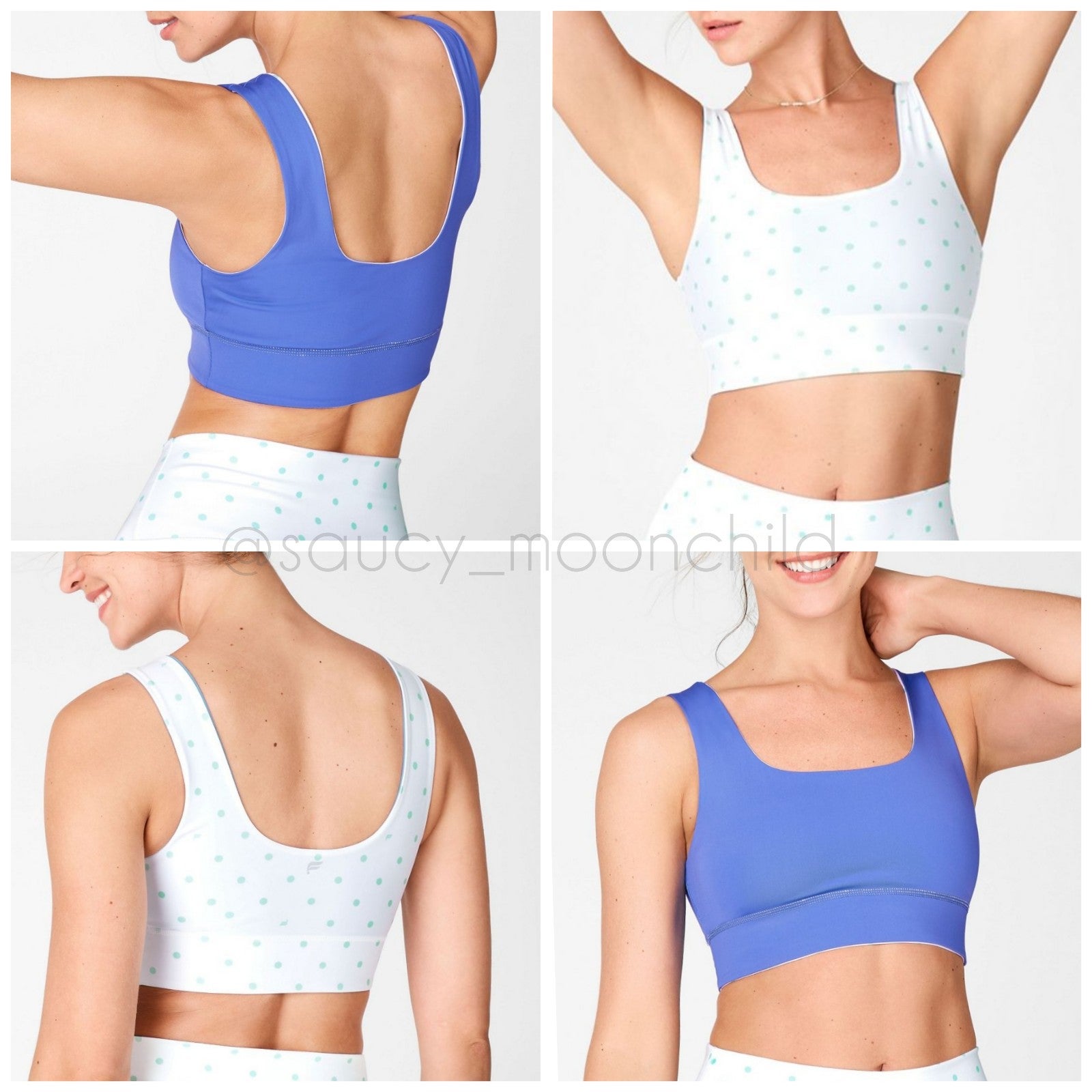 Fabletics reversible sports bra blue white polka dot print small medium impact