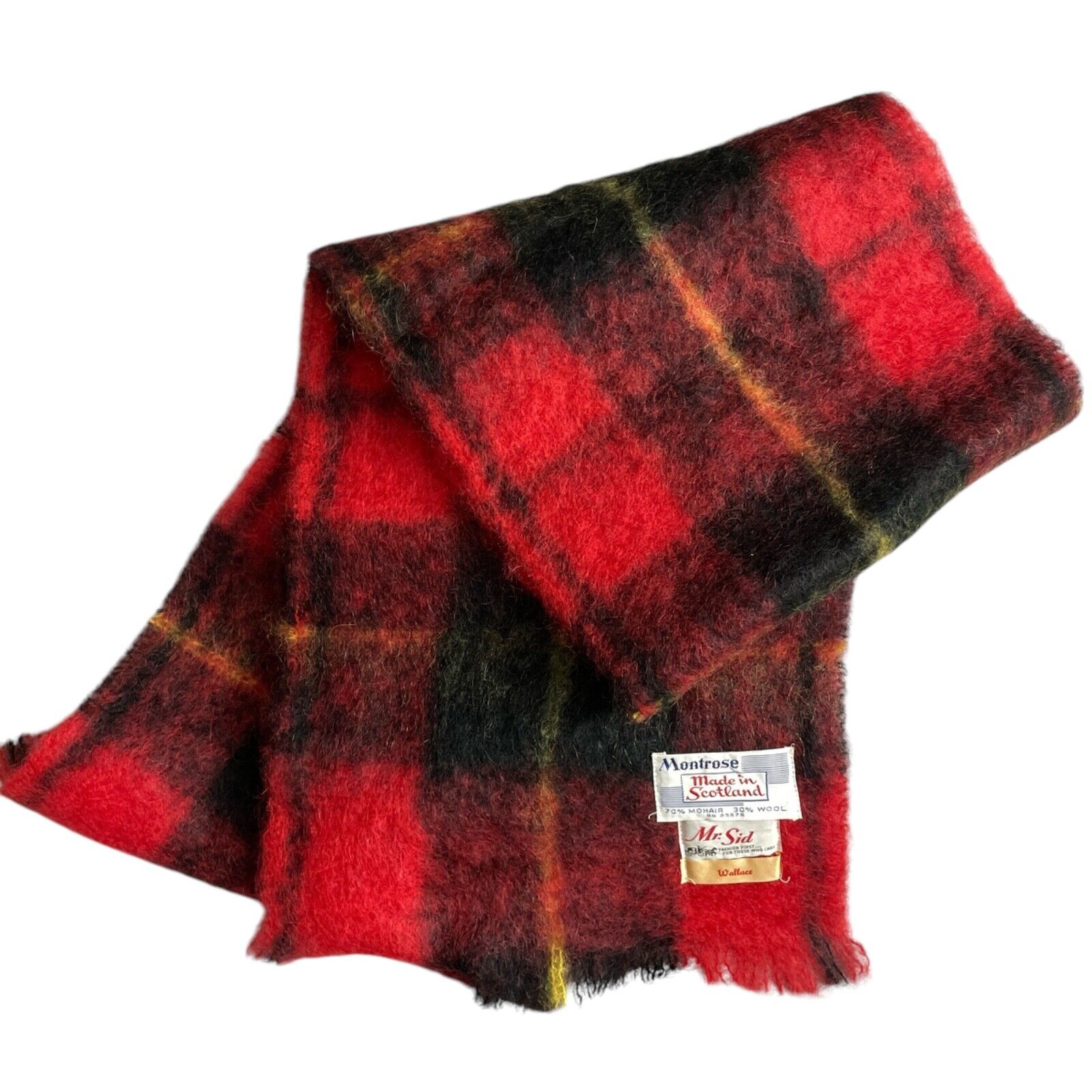 Montrose Mohair Wool Fringed Scarf Red Wallace Hand Woven Scotland 10.5 x 66