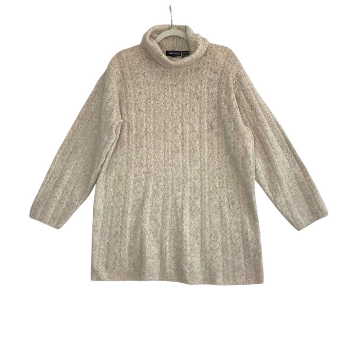JEANNE PIERRE Lambswool Angora Blend Cable Knit Sweater-Tunic Sz L Tan Y2K Cozy