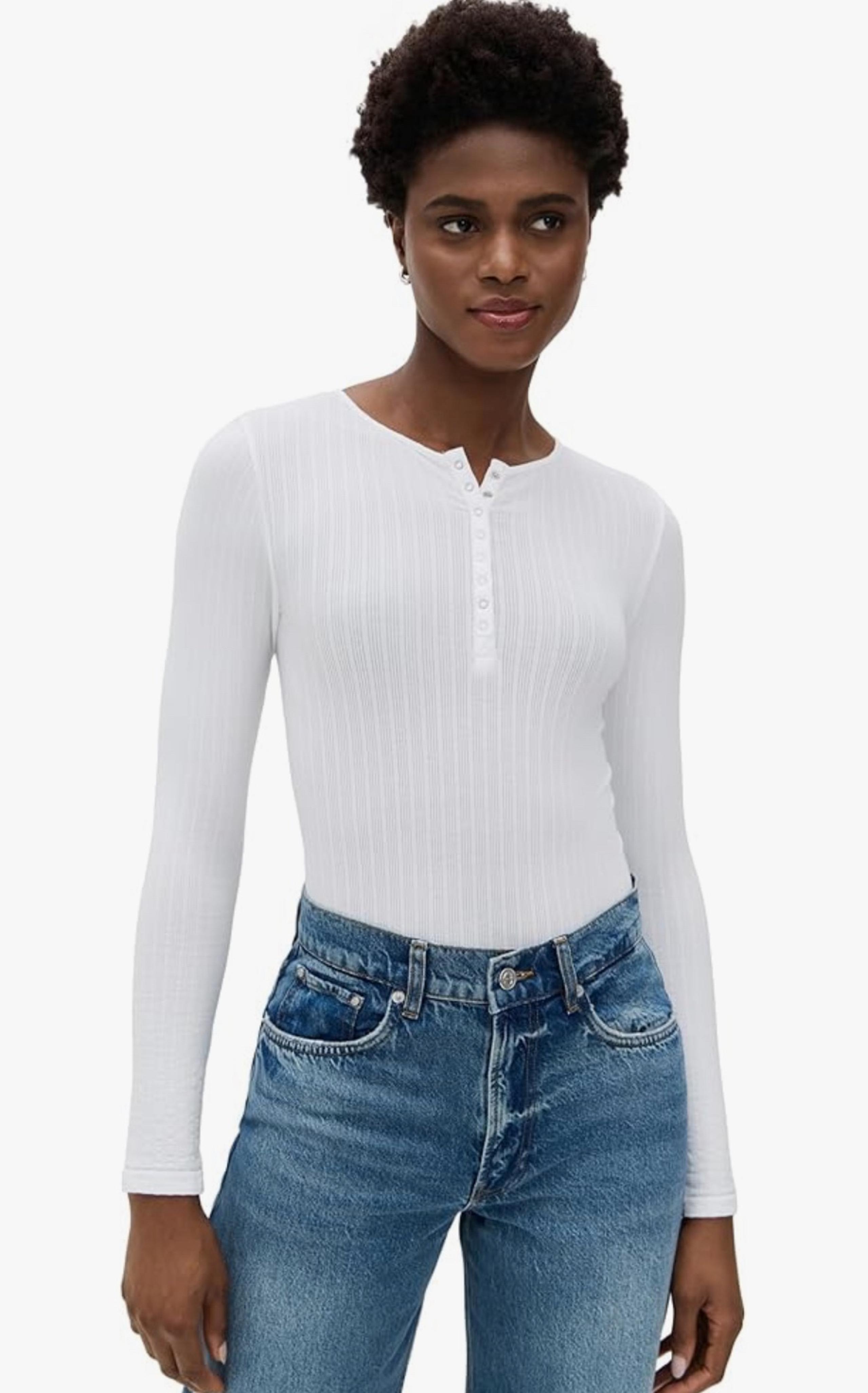 Yummie White Katrina Henley Seamless Ribbed
Bodysuit Long Sleeve S/M