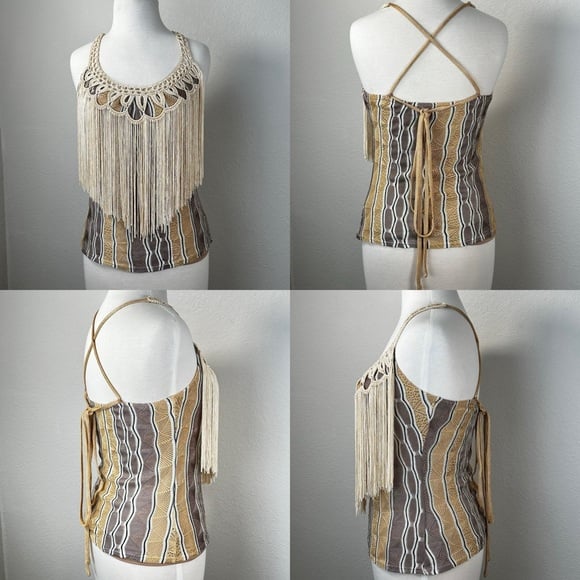 NWOT Hale Bob Beautiful Festival Fringe Crochet Knit Halter Boho Chic Top Small
