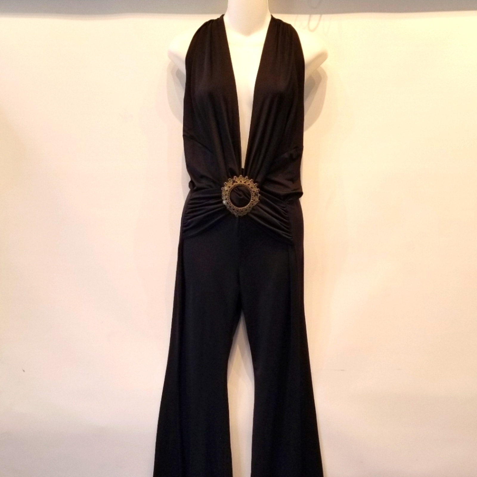 Halter Neck Black Jumpsuit Slinky Wide Leg Flare Leg Jumpsuit Sexy Size L