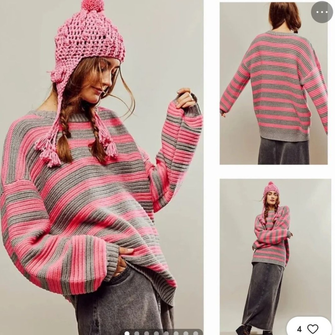 NWT free people links pullover heather grey dream pink gray stripe sweater
