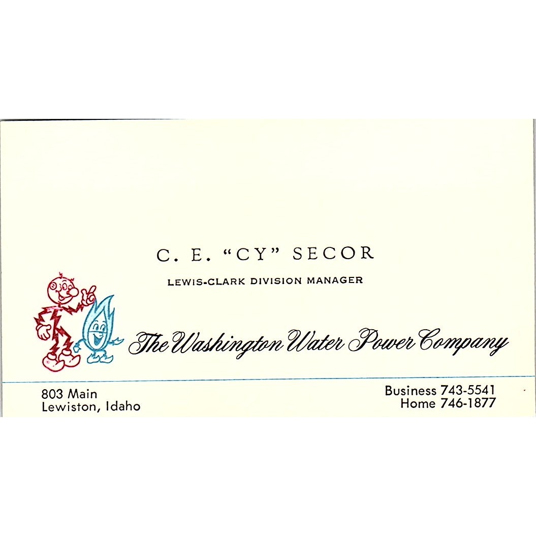 C.E. Cy Secor Washington Power Reddy Kilowatt Lewiston ID Business Card SC9-B13