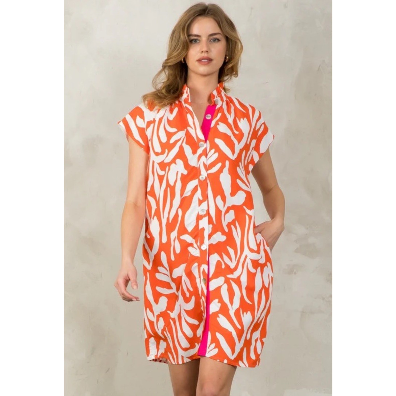 THML Linen Blend Shirt Dress Size L Orange Printed Preppy Resort Wear Summer