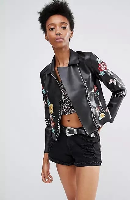 Floral Embroidered Studded Leather Jacket