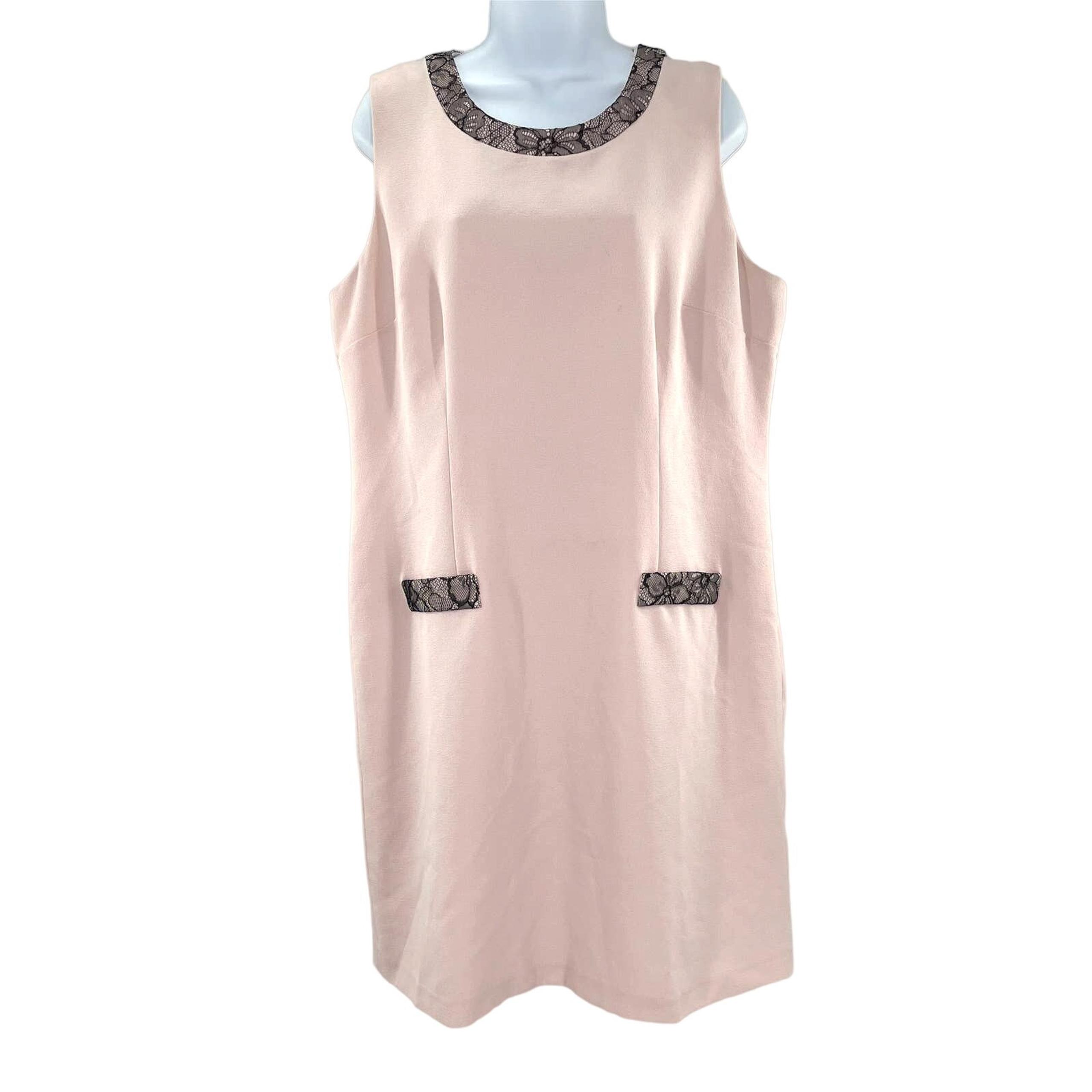 Karl Lagerfeld Paris Pink Sleeveless Scoop Neck Navy Lace Trim Shift Dress L