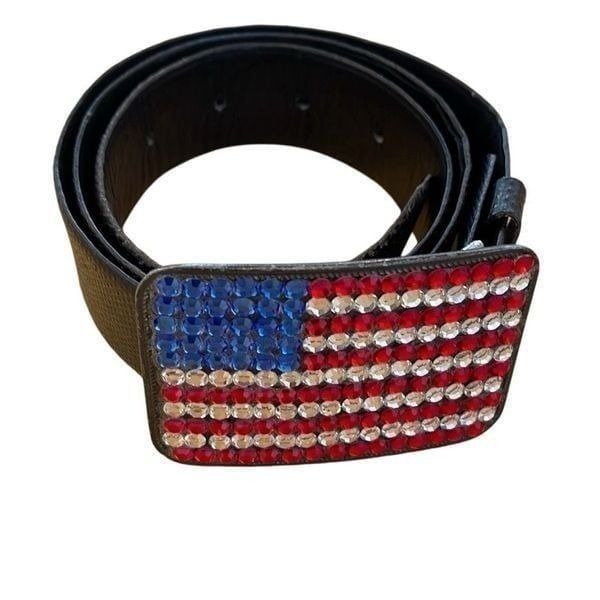 Kathe Helander Womens Crystal American Flag Buckle Leather Belt Black