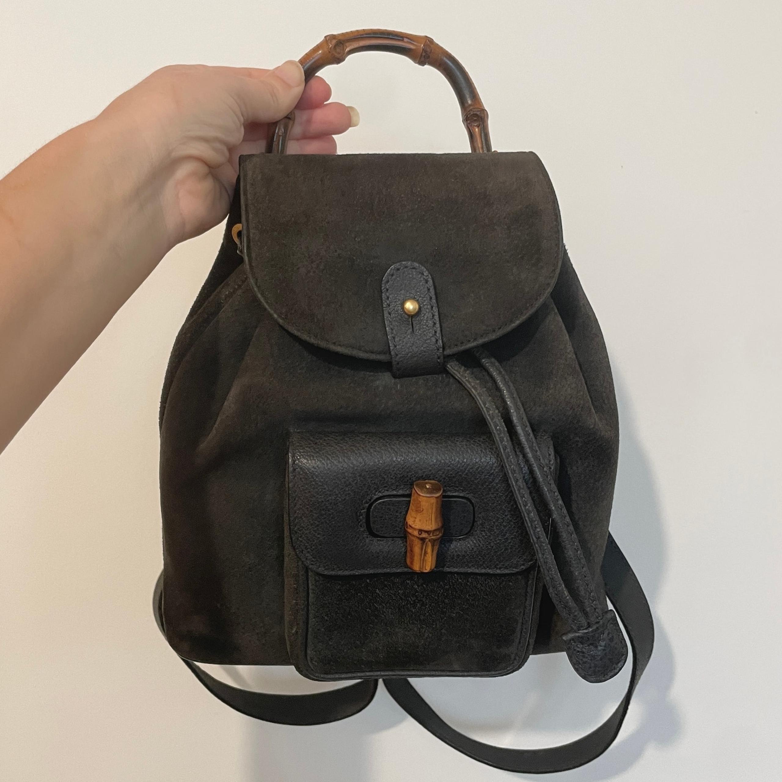 Gucci Bamboo Black Leather Suede Vintage Mini Backpack Handbag Bag Purse Micro