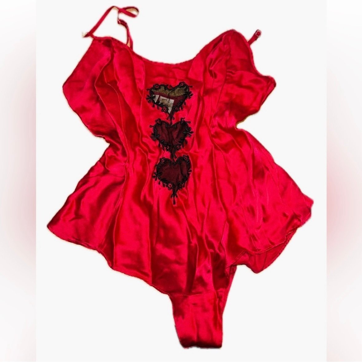 Vintage 1990s Victoria's Secret Red 100% Silk Embroidered Heart Teddy