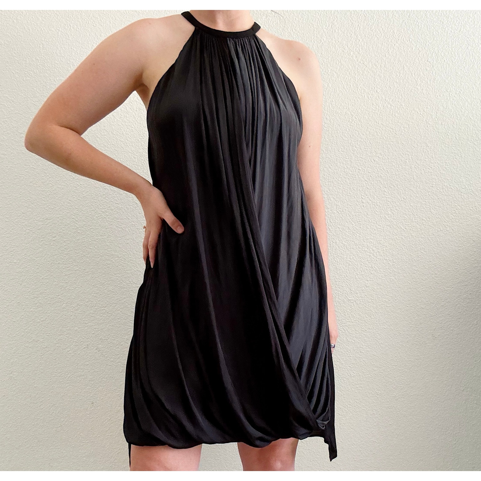 A.L.C. Black Gray Draped Halter Neck Shift Mini Dress Elegant Party Dress Size M