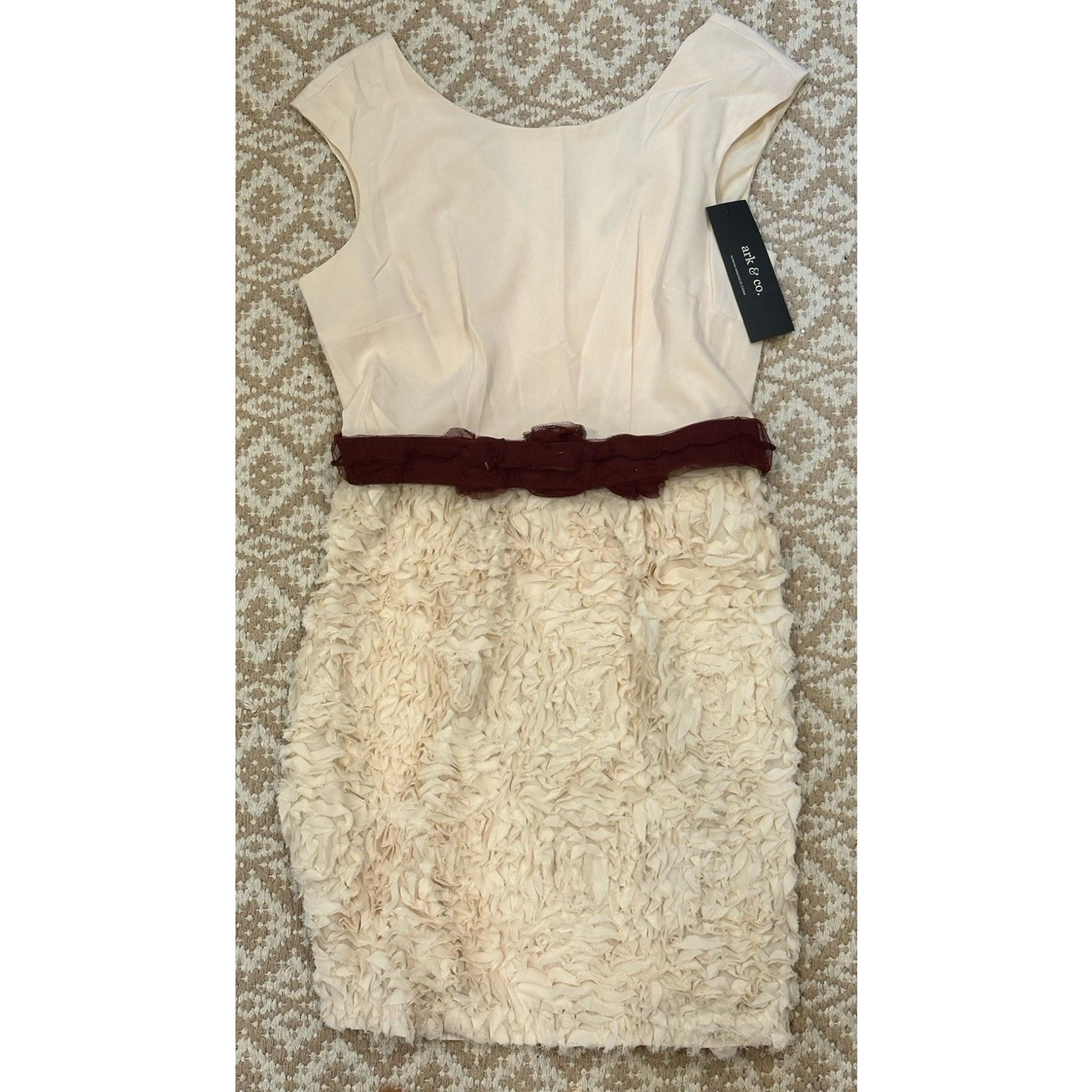 Ark & Co. Beige Cream Cap Sleeve Dress w/ Ruffle Skirt and Maroon Belt - Size M
