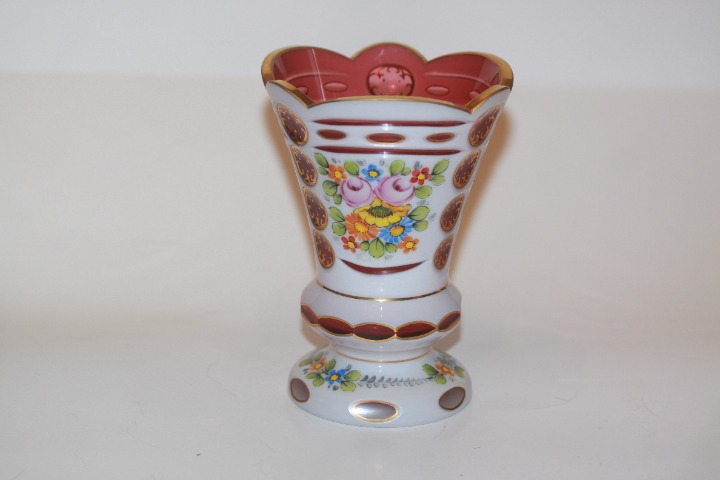 Bohemian Czech Red to White Cased Glass Vase Hand Painted Flowers LOT 8150
