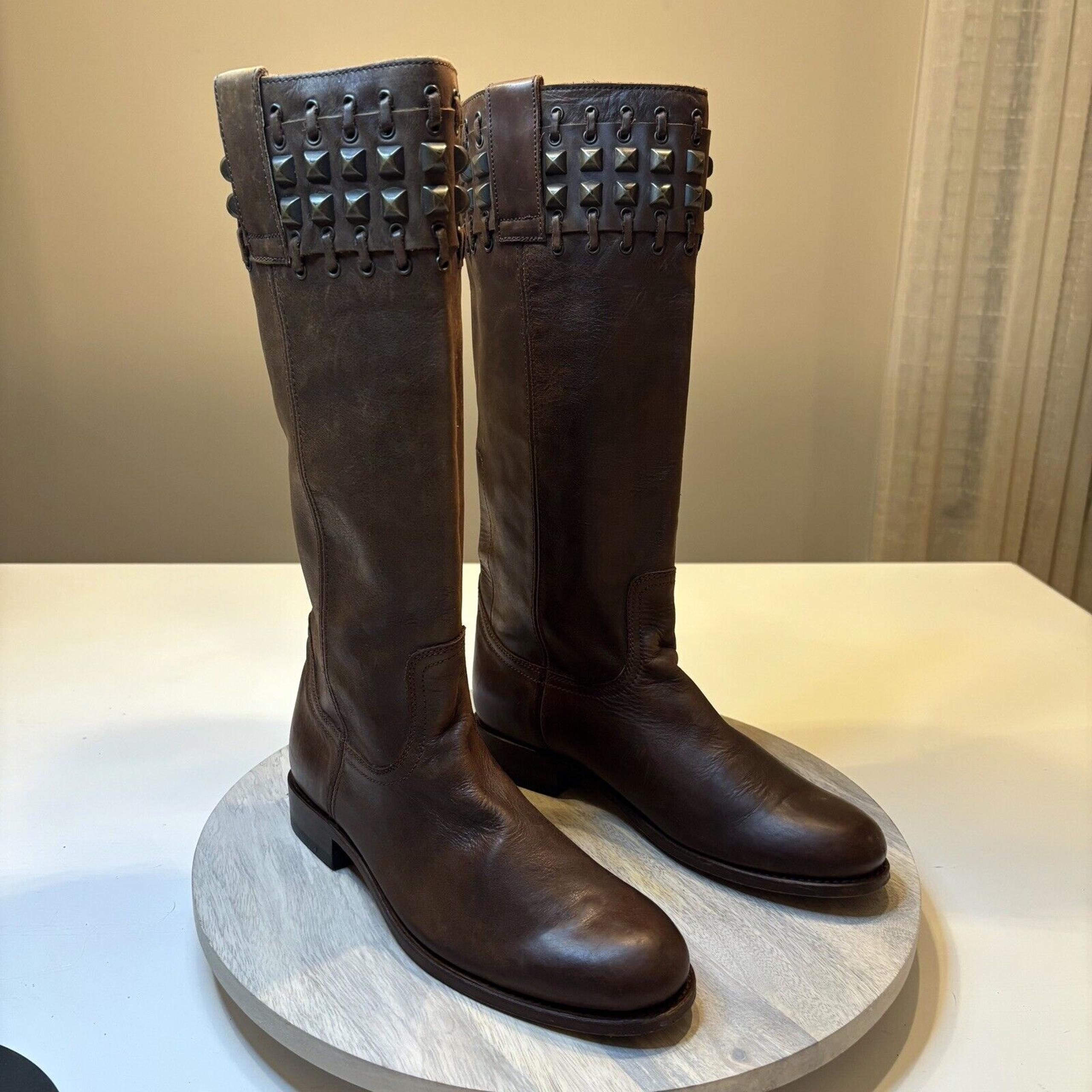 Sendra Women's Brown Leather Studded Biker Riding Boots 9177 US Size 8.5