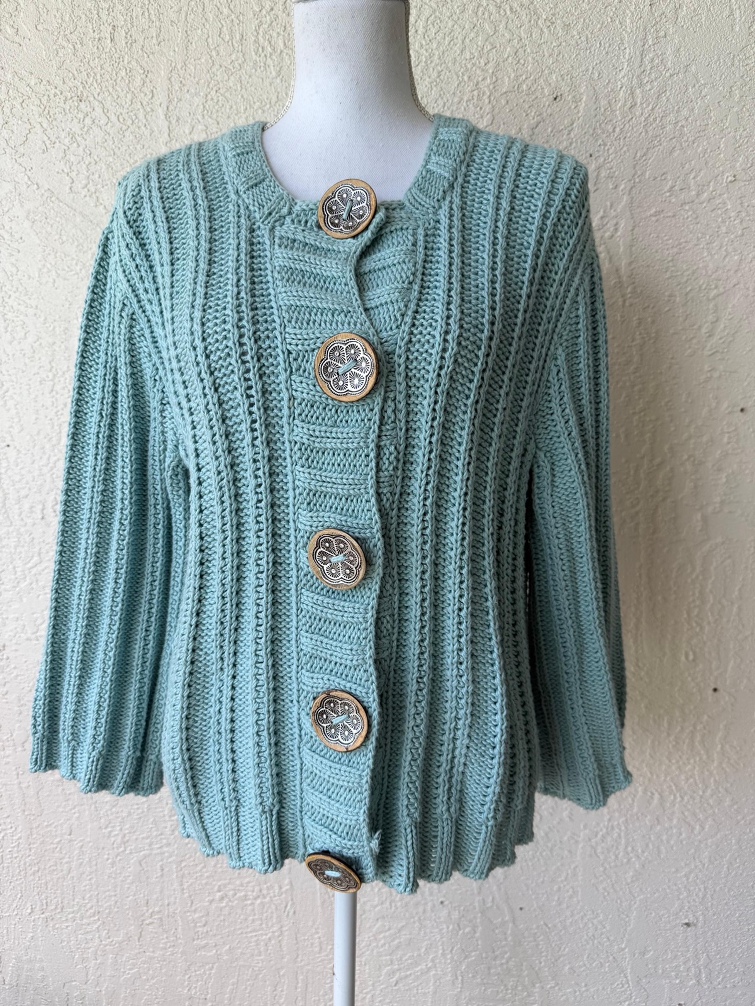 Pure Handknit Cardigan Sweater Womens Size M/L Green w Lg Wooden Buttons Cotton