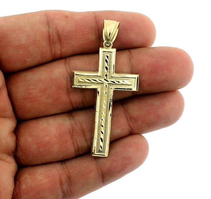 Mens Real 10K Gold Large Cross Pendant Diamond Cut Charm