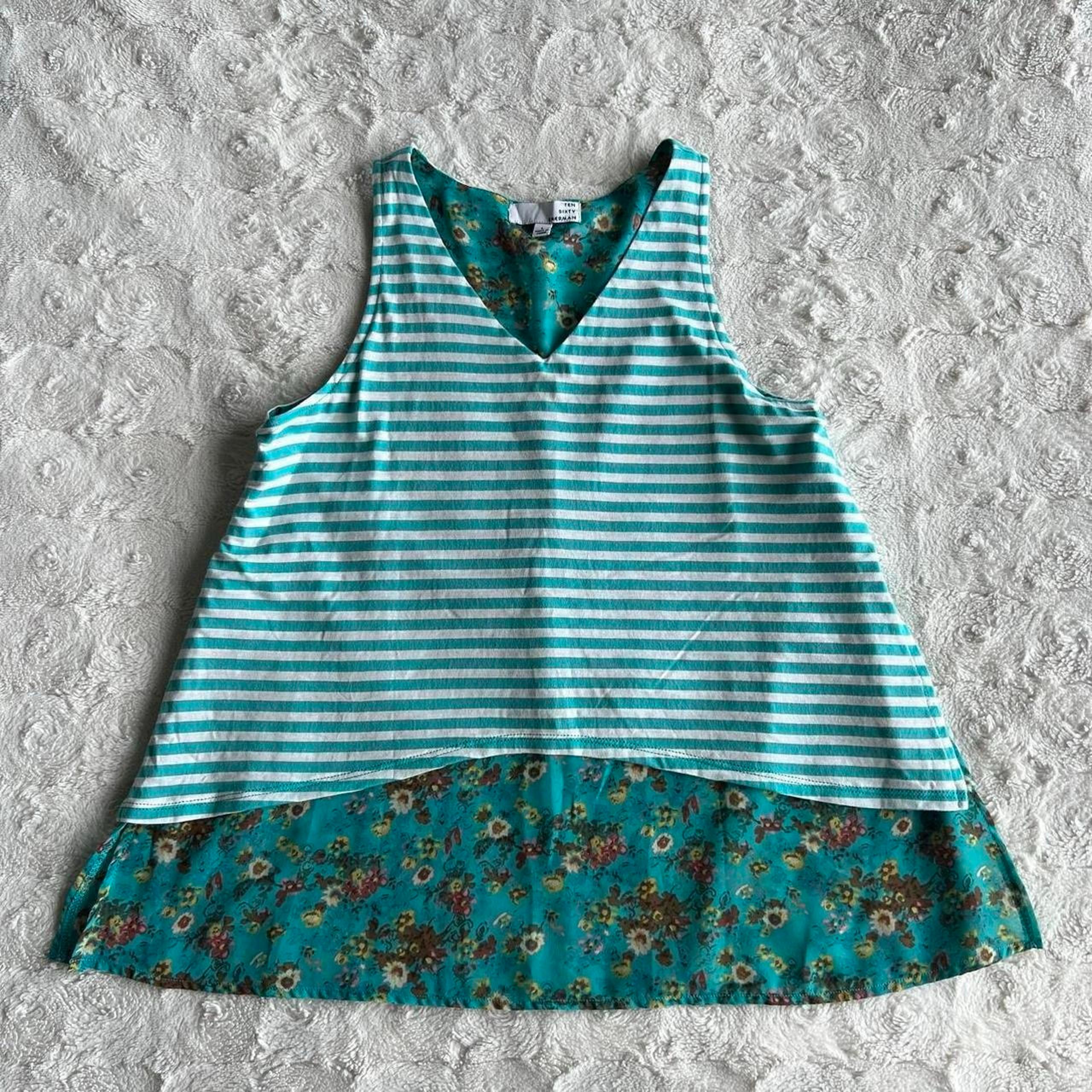 Tank Top Girls Large Teal V Neck Sleeveless Striped Floral Ten Sixty Sherman