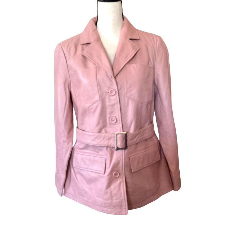 Genuine leather button up pink jacket with belt women size Small
