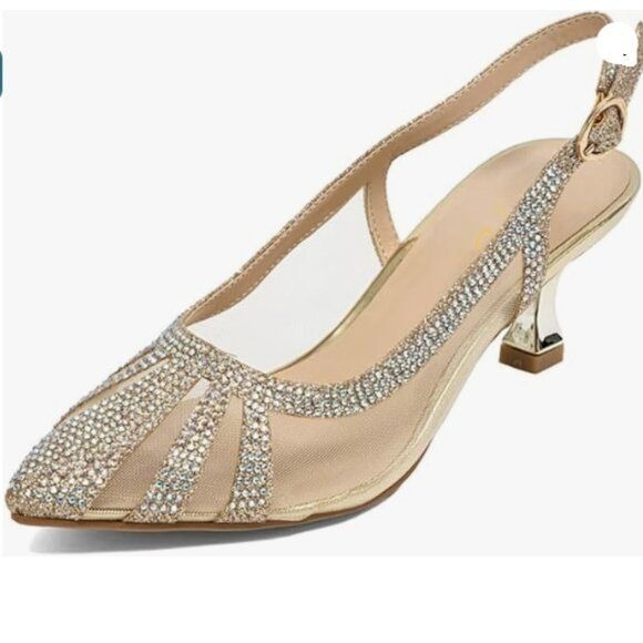 XYD Women Bridal Slingback Heels Pumps Closed Pointed Toe ,Mesh Rhinestone Studs