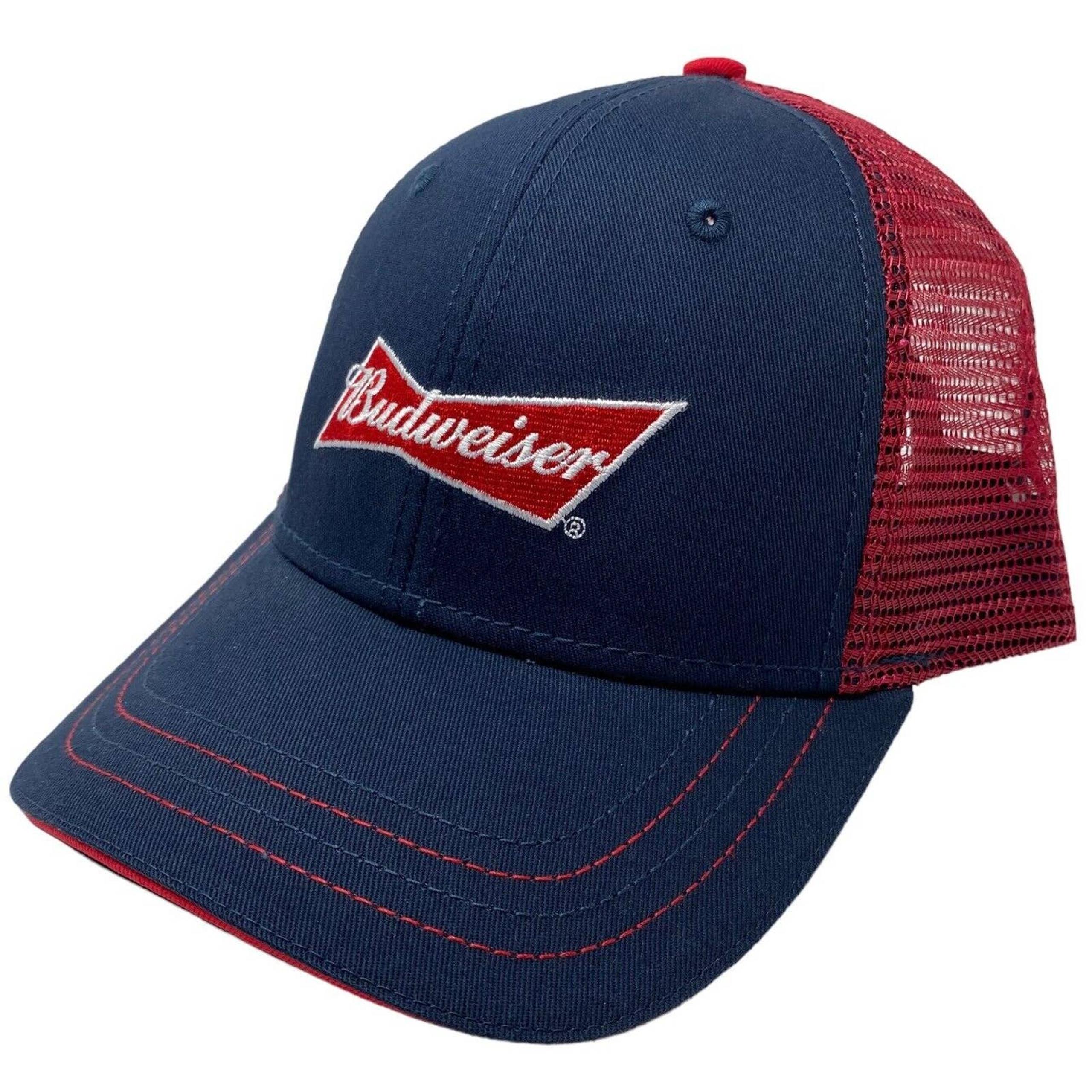 Budweiser Beer Men's Embroidered Logo Trucker Snapback Hat Cap in Navy/Red