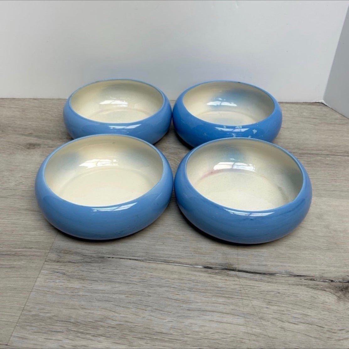 4 Small Blue Vintage MCM Ceramic Dish Planter Pot Floral Arrangement Low Vase