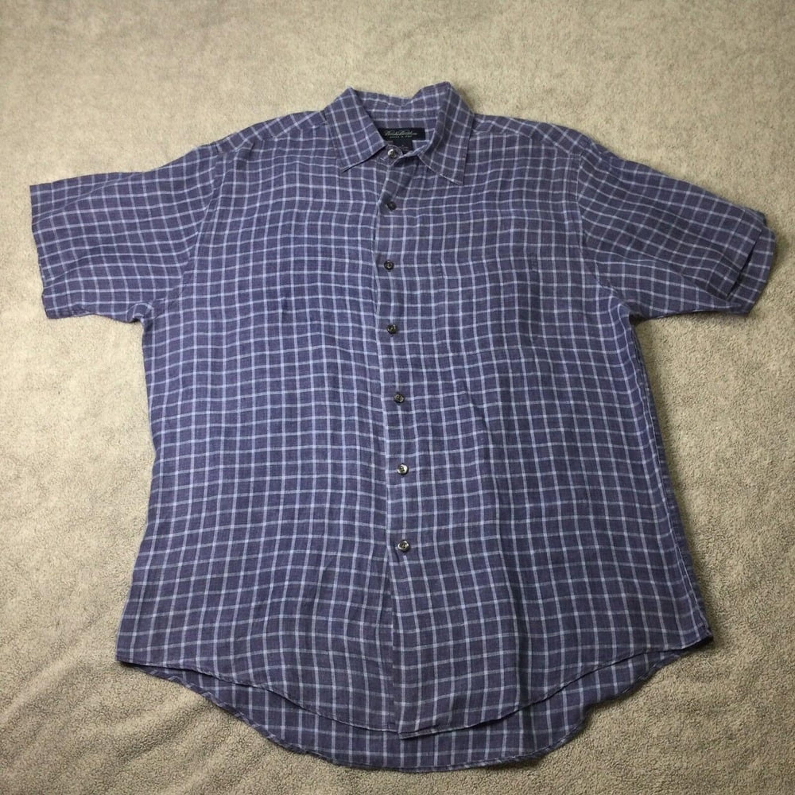 BROOKS BROTHERS 100% LINEN Mens Medium Blue Check Short Sleeve Button Down Shirt
