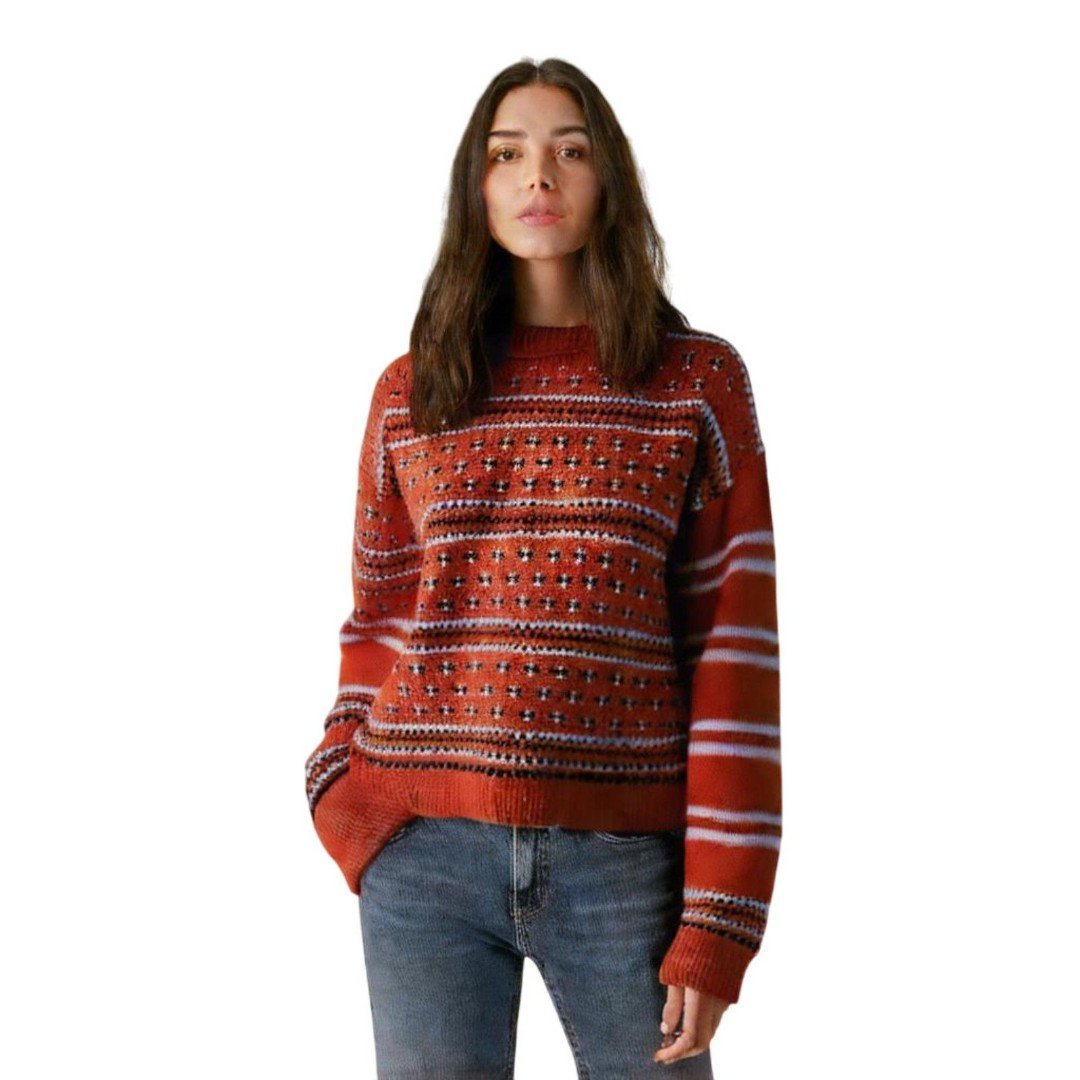 Red Fair Isle Thick Handknit Turtle Neck Vintage 70's Sweater l Size M