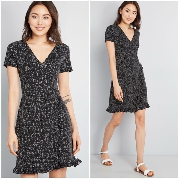 ModCloth Polka Dot Wrap Dress Ruffle Hem Short Sleeve Casual Black M