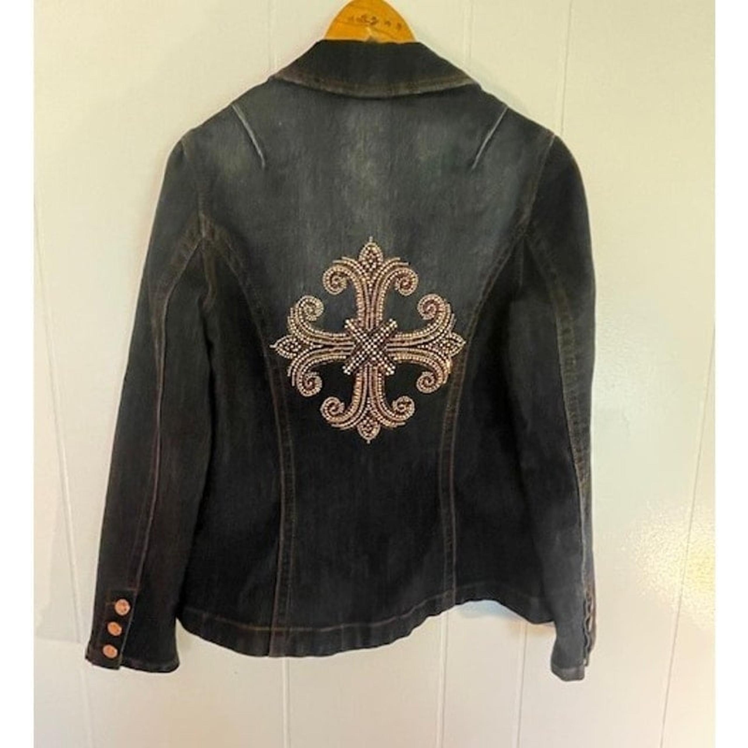 Vintage Christina V Denim Button Front Blazer Jacket Studded Cross 2 Size Small