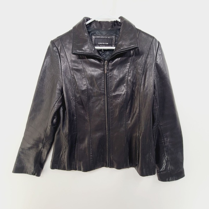 Jones New York Women's Zip Up Soft Leather Jacket Fitted Black Size L