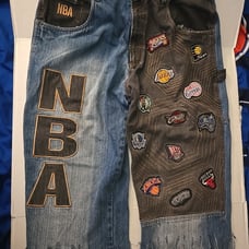 UNK NBA Teams Basketball Patches Y2K Baggy Denim Jeans Distressed Cut 38 Mens
