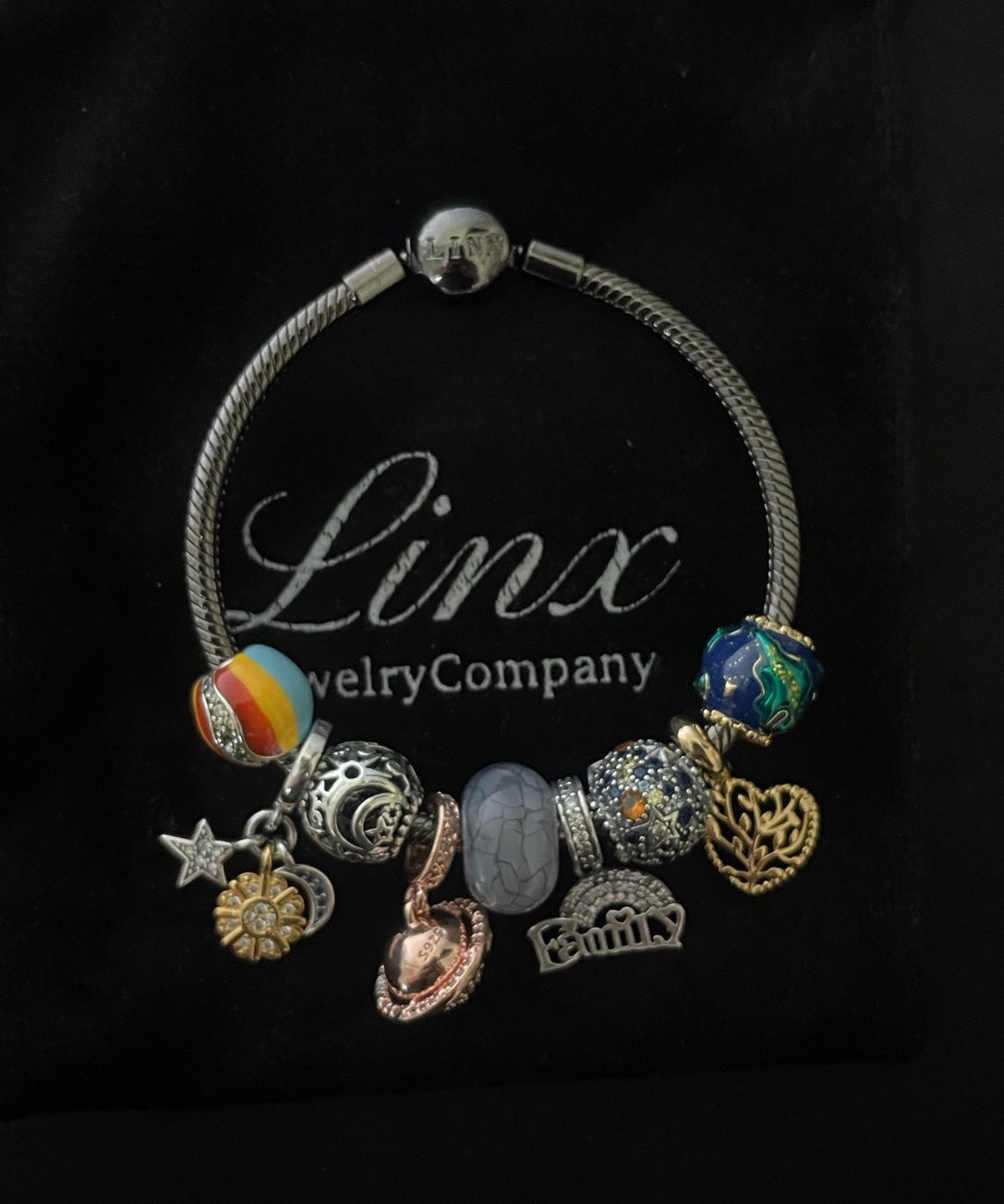 Linx Black Snake Chain Bracelet with Universe and Family Themed Charms
